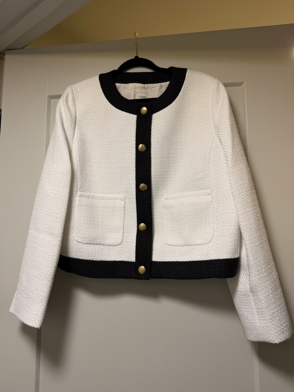 J. Crew White Textured Jacket with Black Contrast Trim
